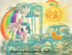 Size: 800x618 | Tagged: artist:alukelele, bird, cloud, cloudy, derpibooru import, duck, duck soup, g1, rainbow, safe, sprinkles (g1), sun, waterfall