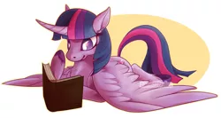 Size: 1250x664 | Tagged: safe, artist:lacedharlot, derpibooru import, twilight sparkle, twilight sparkle (alicorn), alicorn, pony, book, female, mare, reading, solo, underhoof