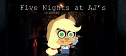 Size: 1599x719 | Tagged: safe, derpibooru import, applejack, five nights at aj's, equestria girls, a.j., animatronic, applefreddy, bad pun, crossover, five nights at freddy's, microphone, pun, the fairly oddparents