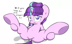 Size: 2413x1491 | Tagged: artist:moron, belly button, bronybait, cute, dat towelin', derpibooru import, dock, engrish, featureless crotch, female, looking at you, misspelling, presenting, solo, solo female, spreading, spread legs, starlight glimmer, suggestive, underhoof