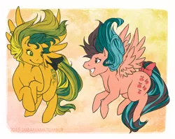 Size: 800x636 | Tagged: safe, artist:suzanami, derpibooru import, masquerade (g1), whizzer, pegasus, pony, twinkle eyed pony, bow, duo, g1, happy, tail bow