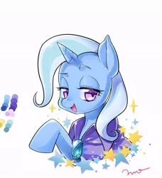 Size: 652x714 | Tagged: safe, artist:mococo, derpibooru import, trixie, pony, unicorn, cape, clothes, female, lidded eyes, mare, missing accessory, solo, trixie's cape