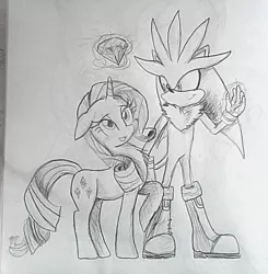 Size: 768x784 | Tagged: artist:diamond--rose, crossover, derpibooru import, monochrome, photo, rarity, safe, silver the hedgehog, sketch, sonic the hedgehog (series), traditional art