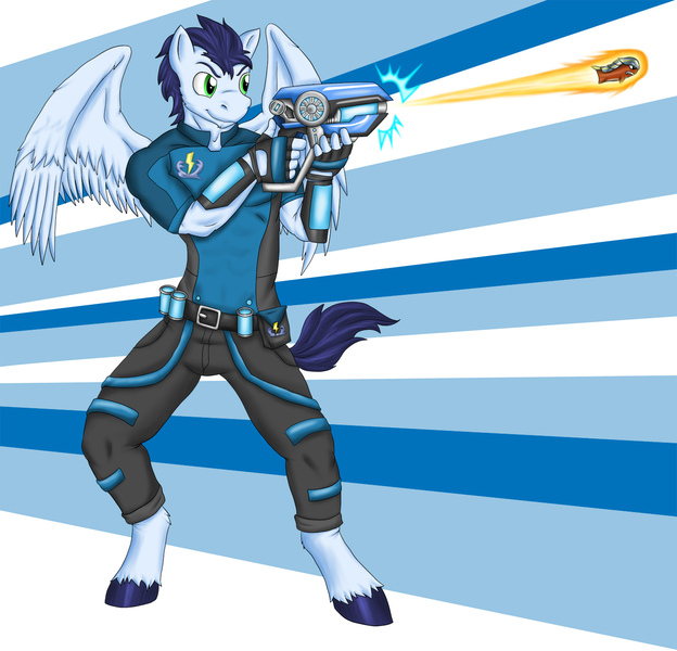 Size: 1381x1327 | Tagged: anthro, artist:flameydragwasp, crossover, derpibooru import, gun, male, matt hill, safe, slugterra, soarin', solo, spread wings, unguligrade anthro, unshorn fetlocks, voice actor joke, weapon, wings