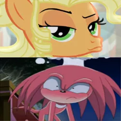 Size: 894x894 | Tagged: safe, derpibooru import, edit, edited screencap, screencap, applejack, pony, applejewel, copy and paste, crossover, duckface, knuckles the echidna, sonic the hedgehog (series), sonic x