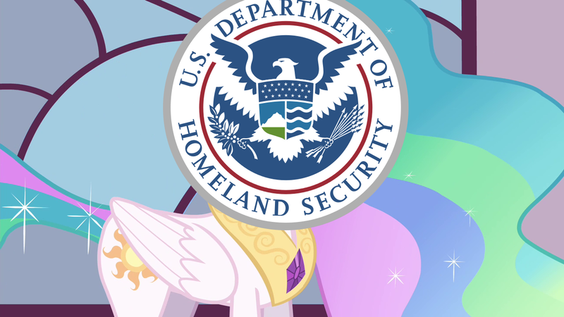 Size: 1280x720 | Tagged: safe, derpibooru import, edit, princess celestia, alicorn, bird, eagle, pony, seal, twilight's kingdom, arrow, department of homeland security, fema, female, mare, olive branch, solo, sparkles, standing, us department of homeland security, wat