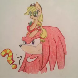 Size: 2448x2448 | Tagged: safe, artist:shadayloronic, derpibooru import, applejack, pony, apple, crossover, food, knuckles the echidna, question mark, sonic the hedgehog (series), tiny, tiny ponies, traditional art