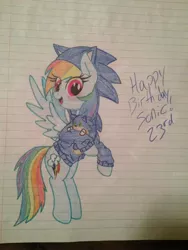 Size: 2448x3264 | Tagged: artist:shadayloronic, clothes, cosplay, costume, crossover, derpibooru import, plushie, rainbow dash, safe, sonic the hedgehog, sonic the hedgehog (series), traditional art