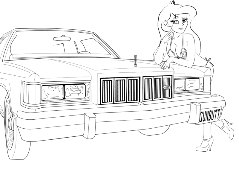 Size: 1016x718 | Tagged: artist needed, safe, derpibooru import, princess celestia, equestria girls, bikini, car, clothes, ford, mercury (car), mercury grand marquis, monochrome, principal celestia, swimsuit