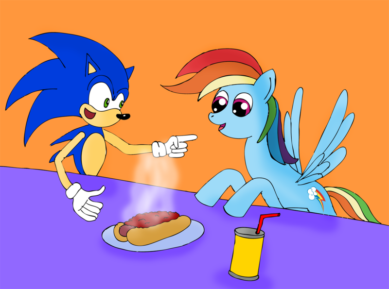 Size: 1200x893 | Tagged: artist:zefrenchm, chili dog, chilli, crossover, derpibooru import, food, hot dog, meat, rainbow dash, safe, sausage, sonic the hedgehog, sonic the hedgehog (series)