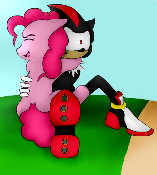 Size: 984x1096 | Tagged: artist:tj0001, crossover, crossover shipping, derpibooru import, female, hug, male, pinkie pie, safe, shadow the hedgehog, shadpie, shipping, sonic the hedgehog (series), straight