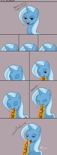 Size: 1200x3250 | Tagged: questionable, artist:saran rape, derpibooru import, edit, trixie, pony, unicorn, blowjob, comic, deepthroat, drool, female, food, mare, not porn, oral, sandwich, sandwich censorship, sex, that's not mayonnaise