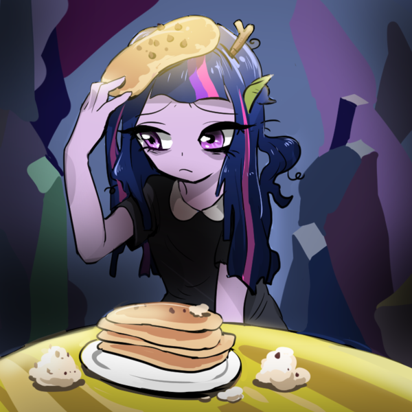 Size: 800x800 | Tagged: safe, artist:quizia, derpibooru import, twilight sparkle, twilight sparkle (alicorn), alicorn, castle sweet castle, equestria girls, equestria girls interpretation, food, frown, homesick, i'm pancake, messy hair, messy mane, pancakes, sad, scene interpretation, solo, that was fast, tired, twilight's castle