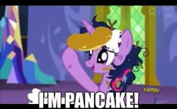 Size: 459x283 | Tagged: safe, derpibooru import, screencap, twilight sparkle, twilight sparkle (alicorn), alicorn, pony, castle sweet castle, caption, discovery family logo, female, food, horn, horn impalement, i'm pancake, image macro, mare, meme, pancakes, solo, text