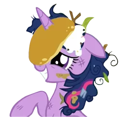 Size: 701x675 | Tagged: safe, derpibooru import, twilight sparkle, twilight sparkle (alicorn), alicorn, pony, castle sweet castle, adorkable, cute, dirty, dork, female, floppy ears, food, grin, horn, horn impalement, i'm pancake, leaf, mare, messy mane, pancakes, puncake, raised hoof, simple background, smiling, solo, squee, stick, transparent background, twiabetes, twig