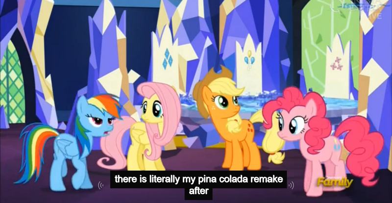 Size: 1600x830 | Tagged: applejack, caption, castle sweet castle, derpibooru import, discovery family logo, edit, edited screencap, fluttershy, meme, piña colada (drink), pinkie pie, rainbow dash, safe, screencap, youtube caption