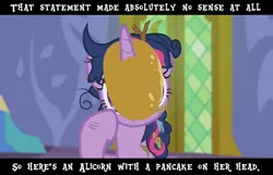 Size: 1040x669 | Tagged: safe, derpibooru import, screencap, twilight sparkle, twilight sparkle (alicorn), alicorn, pony, castle sweet castle, caption, female, food, horn, horn impalement, i'm pancake, image macro, mare, meme, pancakes, reaction image, solo, text