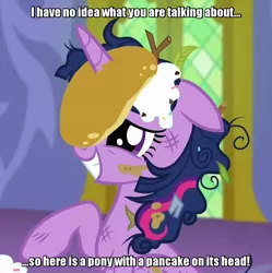 Size: 1068x1072 | Tagged: safe, derpibooru import, screencap, twilight sparkle, twilight sparkle (alicorn), alicorn, pony, castle sweet castle, caption, female, food, horn, horn impalement, i'm pancake, image macro, mare, meme, pancakes, text