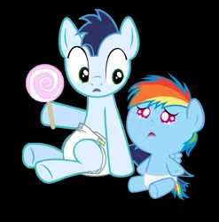 Size: 1024x1037 | Tagged: safe, artist:princesarainbowdash, artist:sir-teutonic-knight, derpibooru import, rainbow dash, soarin', pony, baby, baby dash, baby pony, candy, colt, crying, diaper, foal, food, lollipop, male, younger