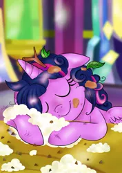 Size: 752x1063 | Tagged: safe, artist:cwossie, derpibooru import, twilight sparkle, twilight sparkle (alicorn), alicorn, pony, castle sweet castle, cheek fluff, chocolate chips, cute, female, food, i'm pancake, leaves, mare, messy mane, mud, pancakes, scene interpretation, scratches, sleeping, solo, twig, whipped cream