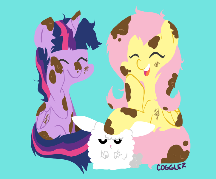 Size: 1099x911 | Tagged: safe, artist:coggler, artist:frog&cog, artist:gopherfrog, derpibooru import, angel bunny, fluttershy, twilight sparkle, twilight sparkle (alicorn), alicorn, pony, castle sweet castle, dirty, female, fluffy angel, mare, mud