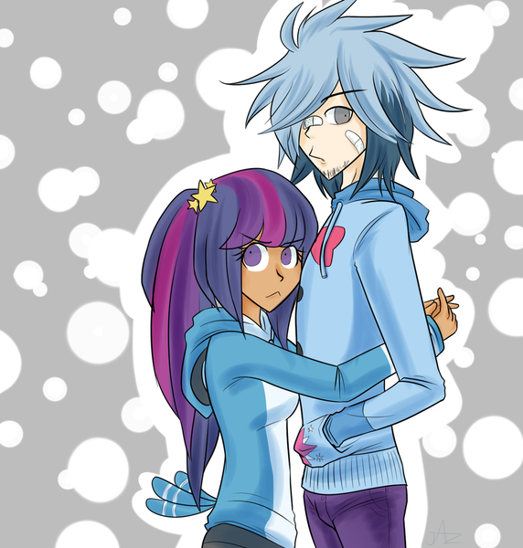 Size: 1024x1075 | Tagged: :<, artist:perrcy, bandaid, clothes, clothes swap, crossover, crossover shipping, derpibooru import, female, hoodie, hug, human, humanized, looking at you, male, mordecai, mordetwi, regular show, safe, shipping, straight, sweater, twilight sparkle, wide eyes