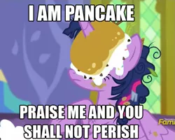 Size: 887x709 | Tagged: safe, derpibooru import, screencap, twilight sparkle, twilight sparkle (alicorn), alicorn, pony, castle sweet castle, caption, female, food, horn, horn impalement, i'm pancake, image macro, mare, meme, pancakes, text