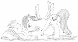 Size: 1974x1056 | Tagged: artist:angina pectoris, derpibooru import, female, laughing, male, monochrome, pillow, raspberry, safe, shipping, soarin', soarinfire, spitfire, straight, traditional art, tummy buzz