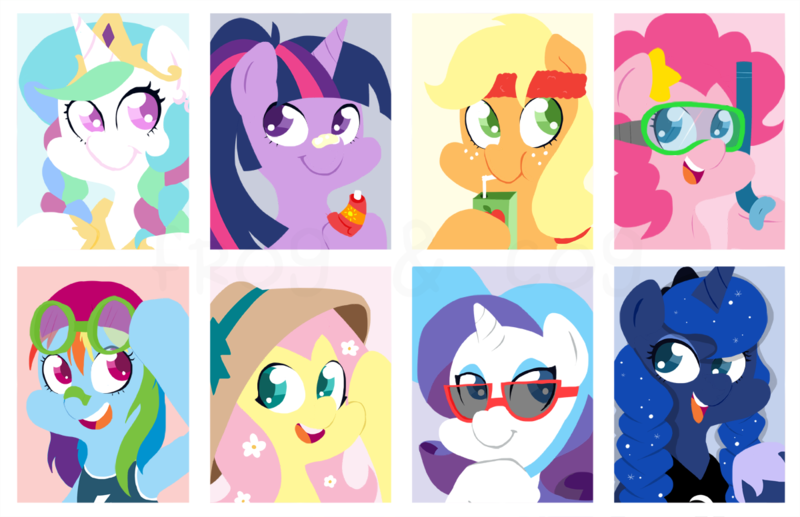 Size: 1200x776 | Tagged: applejack, artist:coggler, artist:frog&cog, artist:gopherfrog, clothes, derpibooru import, fluttershy, happy, hat, mane six, pinkie pie, princess celestia, princess luna, rainbow dash, rarity, safe, smiling, summer, swimsuit, twilight sparkle