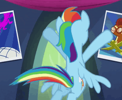 Size: 812x670 | Tagged: safe, derpibooru import, screencap, rainbow dash, soarin', castle sweet castle, animated, cute, dashabetes, eyes closed, flying, girly, grin, poster, rainbowrina, smiling, solo, spinning, twirl, wonderbolts poster