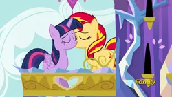 Size: 1920x1080 | Tagged: safe, artist:shutterflyeqd, derpibooru import, screencap, sunset shimmer, twilight sparkle, twilight sparkle (alicorn), alicorn, pony, discovery family logo, fake screencap, female, i can't believe it's not hasbro studios, kissing, lesbian, mare, shipping, sunsetsparkle