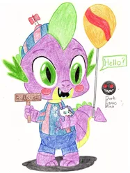 Size: 595x797 | Tagged: artist:darkman224, balloon boy, balloon dragon spike, derpibooru import, five nights at aj's, five nights at aj's 2, five nights at freddy's, five nights at freddy's 2, rarity, rarity plushie, safe, spike, traditional art