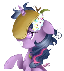 Size: 972x1080 | Tagged: safe, artist:yuukon, derpibooru import, twilight sparkle, twilight sparkle (alicorn), alicorn, pony, castle sweet castle, cream, female, food, grin, horn, horn impalement, i'm pancake, mare, messy mane, pancakes, simple background, smiling, solo, transparent background