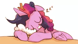 Size: 788x444 | Tagged: safe, artist:joycall6, derpibooru import, twilight sparkle, twilight sparkle (alicorn), alicorn, pony, castle sweet castle, female, food, i'm pancake, mare, onomatopoeia, pancakes, scene interpretation, sleeping, solo, sound effects, zzz