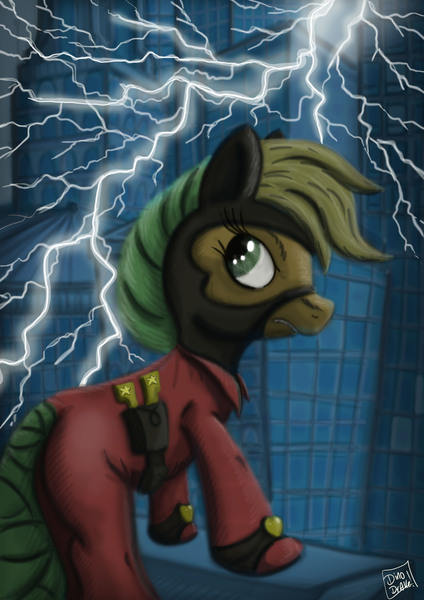 Size: 3508x4961 | Tagged: applejack, artist:dinodraketakethecake, city, derpibooru import, gritted teeth, lightning, looking back, mistress marevelous, power ponies, power ponies (episode), safe, solo