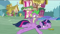 Size: 1920x1080 | Tagged: safe, derpibooru import, screencap, spike, twilight sparkle, twilight sparkle (alicorn), alicorn, dragon, pony, castle sweet castle, dragons riding ponies, female, male, mare, riding, riding a pony