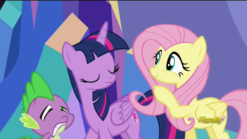 Size: 1920x1080 | Tagged: safe, derpibooru import, screencap, fluttershy, spike, twilight sparkle, twilight sparkle (alicorn), alicorn, pony, castle sweet castle, female, great moments in animation, mare