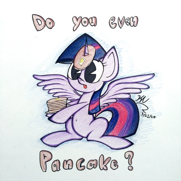 Size: 2448x2448 | Tagged: dead source, safe, artist:pelate, derpibooru import, twilight sparkle, twilight sparkle (alicorn), alicorn, pony, castle sweet castle, :p, butter, do you even lift, female, food, hoof hold, horn, horn impalement, i'm pancake, image, jpeg, mare, meme, pancakes, sitting, solo, spread wings, tongue out, traditional art, wings