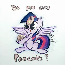 Size: 2448x2448 | Tagged: dead source, safe, artist:pelate, derpibooru import, twilight sparkle, twilight sparkle (alicorn), alicorn, pony, castle sweet castle, :p, butter, do you even lift, female, food, hoof hold, horn, horn impalement, i'm pancake, image, jpeg, mare, meme, pancakes, sitting, solo, spread wings, tongue out, traditional art, wings