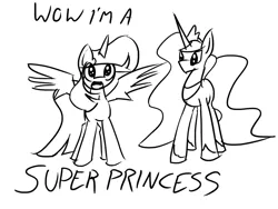 Size: 1024x772 | Tagged: safe, artist:mindofnoodles, derpibooru import, princess celestia, twilight sparkle, twilight sparkle (alicorn), alicorn, pony, female, mare, monochrome