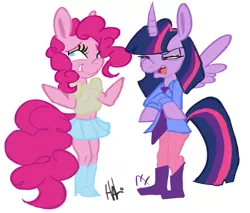 Size: 1780x1520 | Tagged: safe, artist:lavendire, derpibooru import, pinkie pie, twilight sparkle, twilight sparkle (alicorn), alicorn, anthro, clothes, female, lesbian, shipping, twinkie