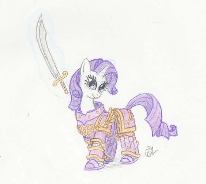 Size: 1965x1752 | Tagged: safe, artist:sensko, derpibooru import, rarity, pony, unicorn, armor, armorarity, crossover, emperor's children, female, magic, mare, pencil drawing, power armor, power sword, saber, scimitar, solo, space marine, telekinesis, traditional art, warhammer (game), warhammer 30k, warhammer 40k, weapon