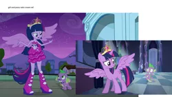 Size: 1920x1080 | Tagged: safe, derpibooru import, edit, screencap, spike, twilight sparkle, twilight sparkle (alicorn), alicorn, dog, equestria girls, equestria girls (movie), big crown thingy, boots, comparison, crown, element of magic, fall formal outfits, high heel boots, jewelry, ponied up, ponytail, reference, regalia, shoes, size comparison, sparkles, spike the dog, twilight ball dress, wings