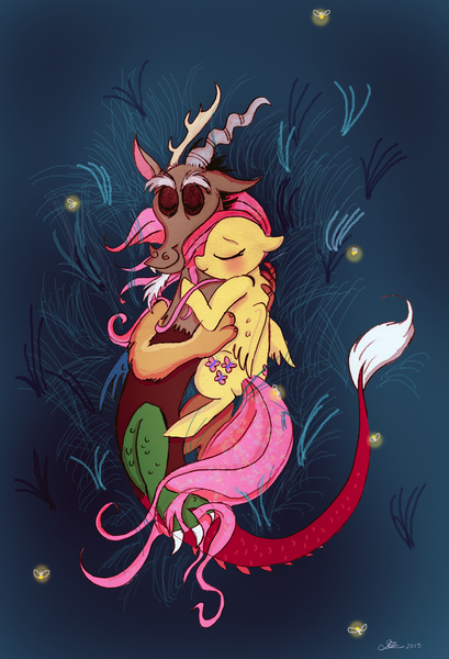 Size: 800x1174 | Tagged: safe, artist:praysforaprankster, derpibooru import, discord, fluttershy, firefly (insect), insect, cuddling, discoshy, fanfic art, female, male, night, on back, on top, shipping, sleeping, snuggling, straight