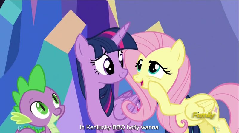 Size: 1280x714 | Tagged: safe, derpibooru import, edit, edited screencap, screencap, fluttershy, spike, twilight sparkle, twilight sparkle (alicorn), alicorn, pony, castle sweet castle, barbeque, caption, female, food, kentucky, mare, meme, youtube caption