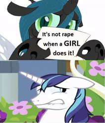 Size: 493x581 | Tagged: blatant lies, chrysalis' note, derpibooru import, double standard, downvote bait, drama bait, exploitable meme, grimdark, infidelity, infidelity armor, insane troll logic, it's not rape when a girl does it, meme, misandry, queen chrysalis, rape, sex, shining armor, suggestive