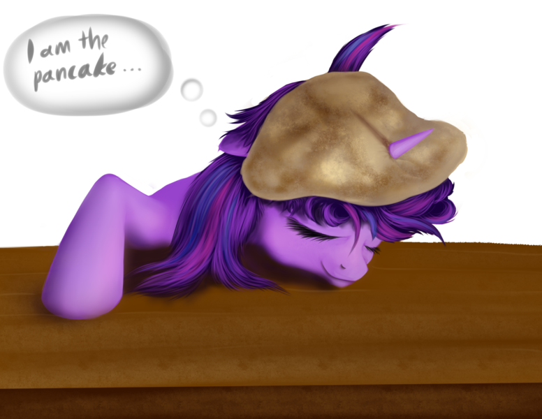 Size: 1600x1237 | Tagged: safe, artist:xormak, derpibooru import, twilight sparkle, twilight sparkle (alicorn), alicorn, pony, castle sweet castle, eyes closed, female, food, horn, horn impalement, i'm pancake, mare, pancakes, sleeping, smiling, solo, thought bubble, whipped cream