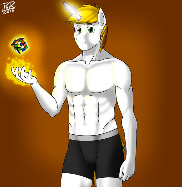 Size: 1024x1053 | Tagged: anthro, anthro oc, artist:pabloracer, bare chest, clothes, derpibooru import, magic, male, oc, oc:pr, partial nudity, practice, rubik's cube, suggestive, telekinesis, topless, unofficial characters only