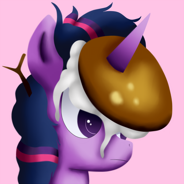 Size: 1275x1275 | Tagged: safe, artist:king-sombrero, derpibooru import, twilight sparkle, twilight sparkle (alicorn), alicorn, pony, castle sweet castle, female, food, frown, horn, horn impalement, i'm pancake, mare, pancakes, scene interpretation, solo, whipped cream