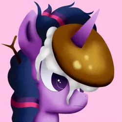 Size: 1275x1275 | Tagged: safe, artist:king-sombrero, derpibooru import, twilight sparkle, twilight sparkle (alicorn), alicorn, pony, castle sweet castle, female, food, frown, horn, horn impalement, i'm pancake, mare, pancakes, scene interpretation, solo, whipped cream